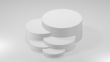 3D Cylinder 5 white pedestal podiums with layer and close up on background clean luxury style