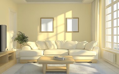 Sunlit living room with cream sofa, coffee table, and two blank frames.