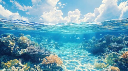 Fototapeta premium Vibrant coral reef underwater scene with blue sky and clouds.