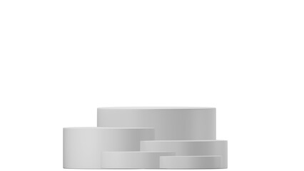 3D Cylinder 5 white pedestal podiums with layer and close up on transparent background clean luxury style