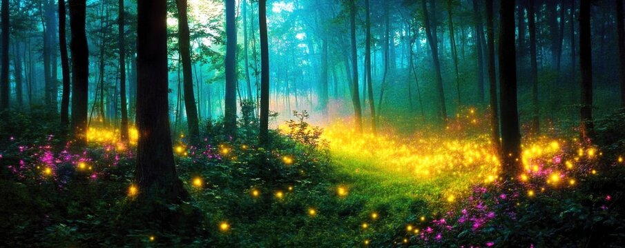 Enchanting fairy tale forest filled with shimmering fireflies. 