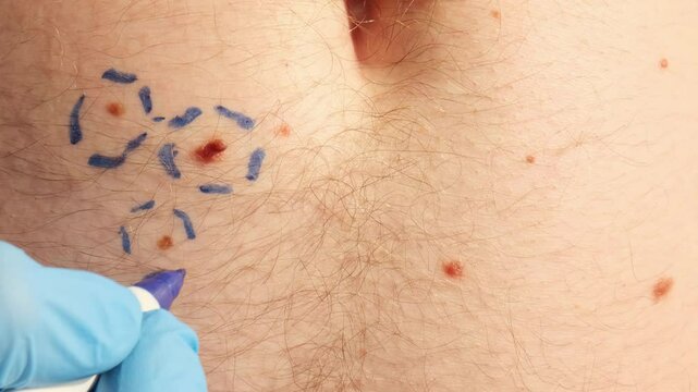 Doctor in medical gloves paint lines around male birthmarks. Preparing procedure for medical surgery. Laser skin tags removal. Prevention of melanoma and nevus exam