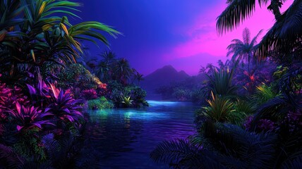 Obraz premium A vibrant, surreal landscape featuring lush vegetation, a tranquil water body, and a mesmerizing twilight sky in shades of purple and blue.