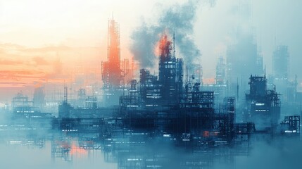 Naklejka premium uturistic Industrial Cityscape at Sunset.