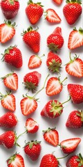 Fresh strawberry fruits on white. Top view, copy space