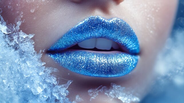 Gros Plan Sur une Bouche D&Atilde;licate Maquill&Atilde;e en &acirc;voquant la Magie de l'Hiver avec Cristaux de Glace en Photographie R&Atilde;aliste