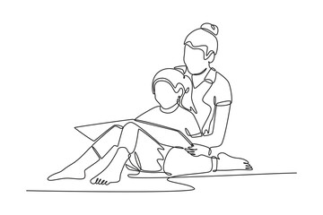 Mother and daughter concept. Single line draw design vector graphic illustration.	