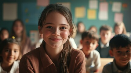 Obraz premium Smiling Girl in Classroom with Friends, Education, Students, Learning, School, Children, Happy, Joyful, Youth, Friendship, Innocence, Childhood, Togetherness