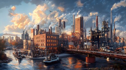 Obraz premium A Visionary Connection Between A Thriving Urban City and A High-Tech Robotic Manufacturing Facility