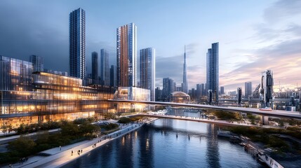 Naklejka premium A Captivating Scene of Modern Urban Cities and Robotic Manufacturing with a Bridge Connecting Two Worlds