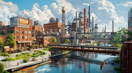 Naklejka premium A Visionary Connection Between A Thriving Urban City and A High-Tech Robotic Manufacturing Facility