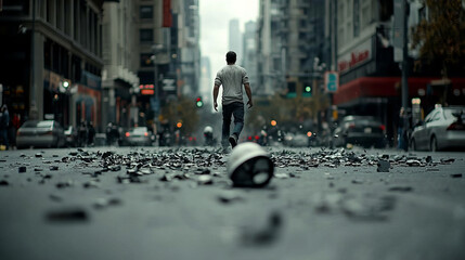 Fototapeta premium Riot helmet abandoned on street among debris after protest in urban environment