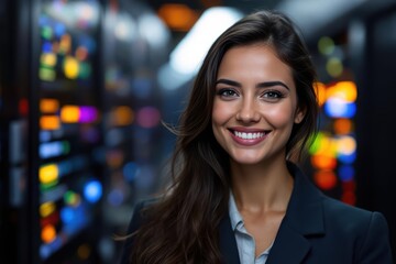Close portrait of a smiling 40s Monacan female IT worker looking at the camera, against dark server room blurred background.