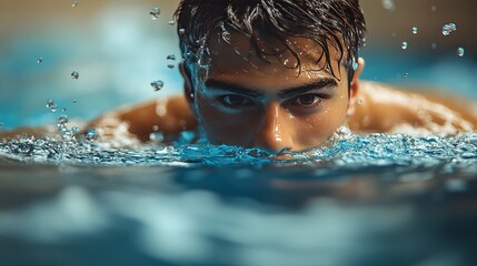 Swimmer gliding through clear water during sunset in a serene underwater environment
