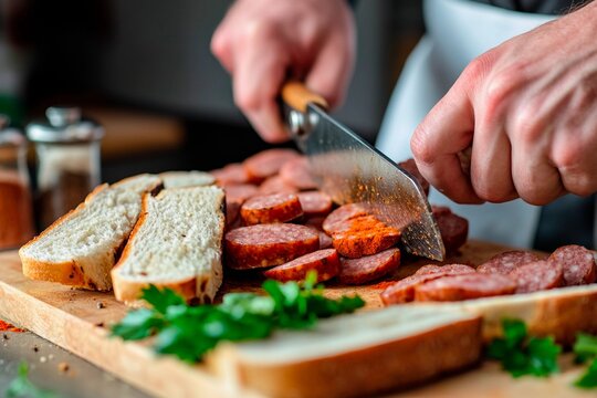 Crafting delicious charcuterie with precision in a rustic kitchen setting