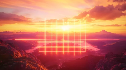 Gardinen Dreamlike Harmony of Rich Mountain Landscapes Layered Over a Warm 80s Neon Grid with a Sun Backdrop © Tamas