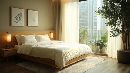 A serene bedroom features a comfortable bed with white bedding. Large windows fill the room with natural light, highlighting indoor plants and artwork, creating a calming atmosphere.