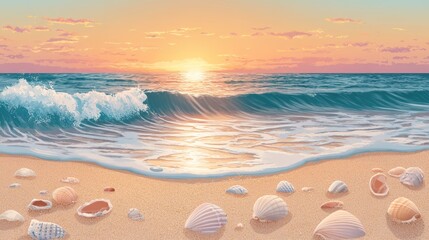 Seashells on sandy beach at sunset. (1)