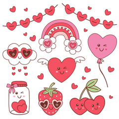 set of isolated whimsical valentine rainbow, garland, cloud, berries