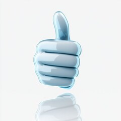 A shiny blue glass thumbs up symbol reflecting on a smooth surface.