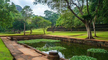 Serene Landscape with Pond and Lush Greenery in Nature Park