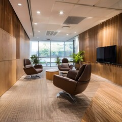A wooden office waiting room is furnished with comfortable armchairs and features