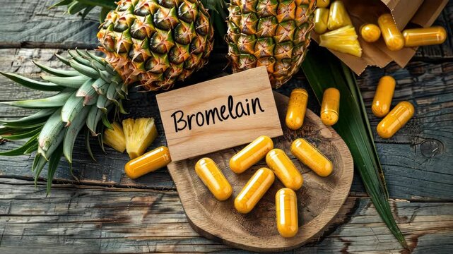 Bromelain in pineapple capsules supplements on the table. Selective focus. food.
