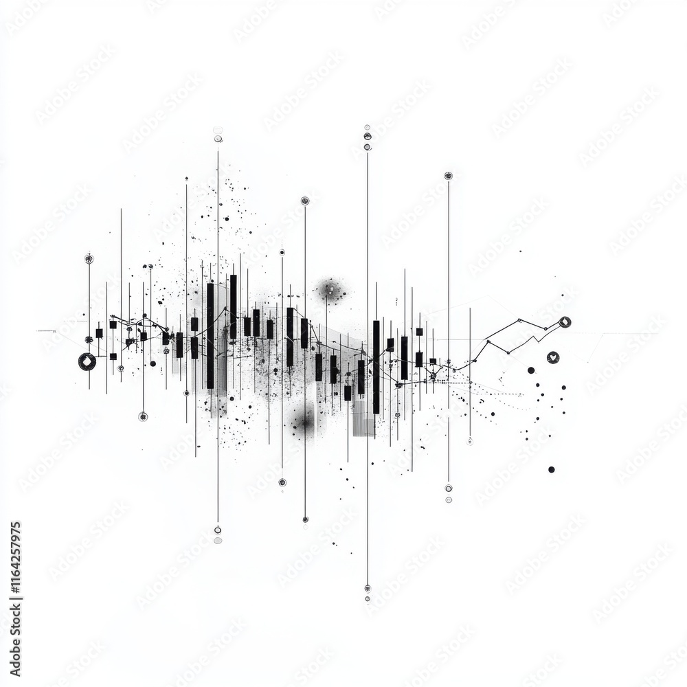 Poster abstract black and white data visualization design with dynamic lines and shapes.