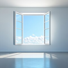 Fototapeta premium Bright, airy room with open windows showcasing a clear blue sky and fluffy white clouds.