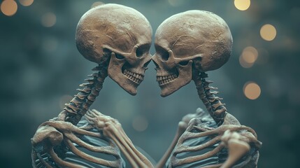 An Unconventional Love: Skeletons Embrace in a Mystical Setting