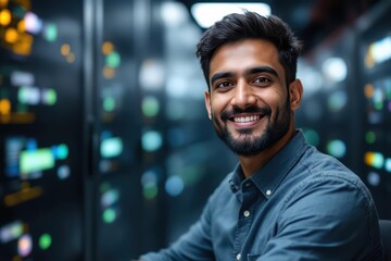 Close portrait of a smiling 40s Nepalese male IT worker looking at the camera, against dark server room blurred background.