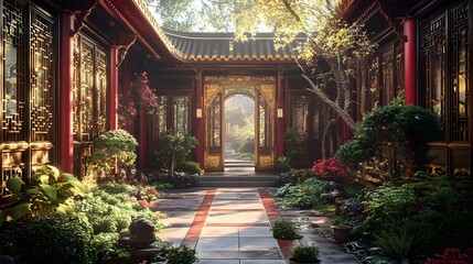 Artistic Portrayal of a Grand Chinese Clan House Highlighted by Exotic Gardens and Elegant Craftsmanship