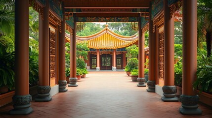 Captivating Imagery of a Traditional Chinese Clan House Surrounded by Lush Greenery and Vibrant Accents