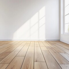 Bright and airy room with wooden floor and natural light streaming through a window.