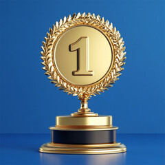 A medal with the number 1 on it is on top of a pedestal. Blue background. 