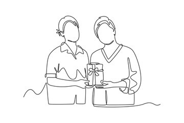 Mother and daughter concept. Single line draw design vector graphic illustration.	