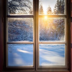 Naklejka premium A blurred winter view from a window with sunlight streaming through glass creates a serene
