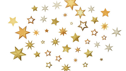A scattering of golden stars on a black background. The stars are of different sizes and have a slightly textured, metallic appearance.