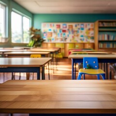 Fototapeta premium A wooden desk is set against a blurred backdrop of a child's room or kindergarten interior
