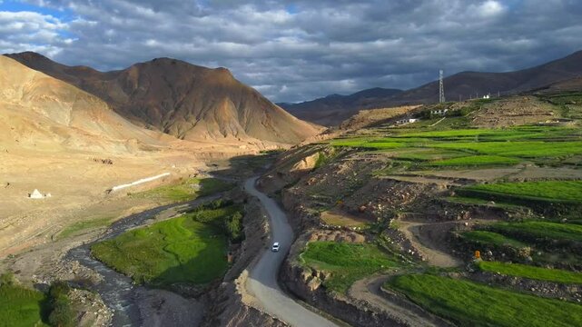 An aerial view of himalayan mountains at gya village in the Leh district of Ladakh between the Indus river valley and Tanglang La Pass on the leh-manali highway in India.