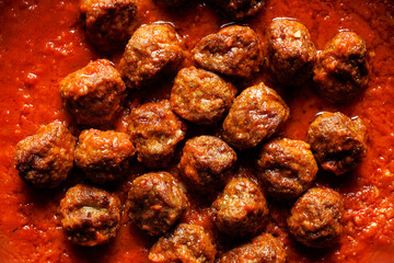 Meatballs in tomato sauce, close up view