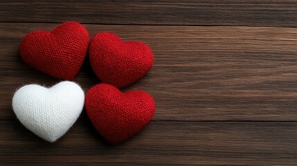 Decorative red and white hearts arranged on a wooden board provide a romantic background perfect for Valentine's Day greetings and messages
