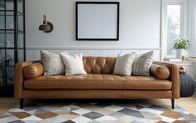 Fototapeta premium Brown leather sofa with pillows in a modern living room.