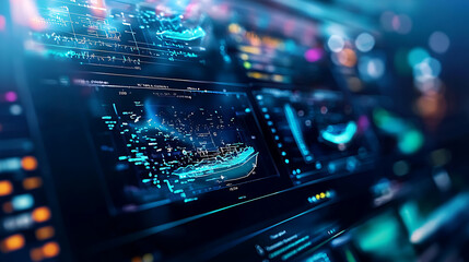 High tech marine mapping station displaying ocean depth profiles and data