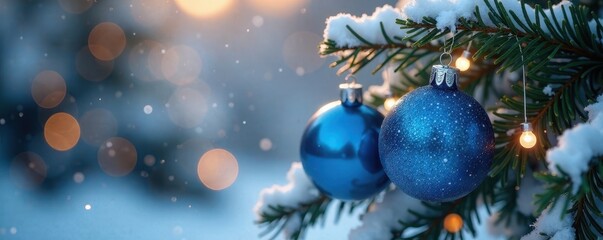 Fototapeta premium Elegant blue & silver ornaments adorn a snowy branch, warm bokeh lights glow , vibrant, winter wonderland, blue