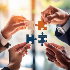 Concept of teamwork and partnership. Hands join puzzle pieces in the office. 