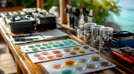 vibrant workspace featuring colorful samples, tools, and natural materials. setting is serene, with view of ocean