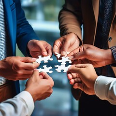 Concept of teamwork and partnership. Hands join puzzle pieces in the office. 