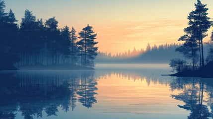 Fototapeta premium Serene sunrise over misty lake and pine forest. (2)