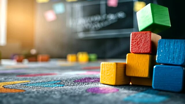 A close-up of brightly colored wooden alphabet blocks on a soft surface, surrounded by cheerful patterns and a chalkboard displaying basic lessons